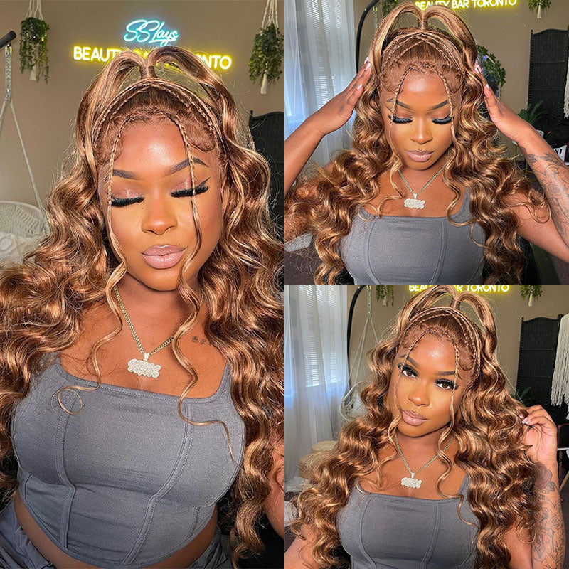 Klaiyi Put On and Go Pre Cut Lace Wig 6x4.75 Lace Closure Honey Blonde Highlight  Body Wave Or Jerry Curl Or Straight Flash Sale