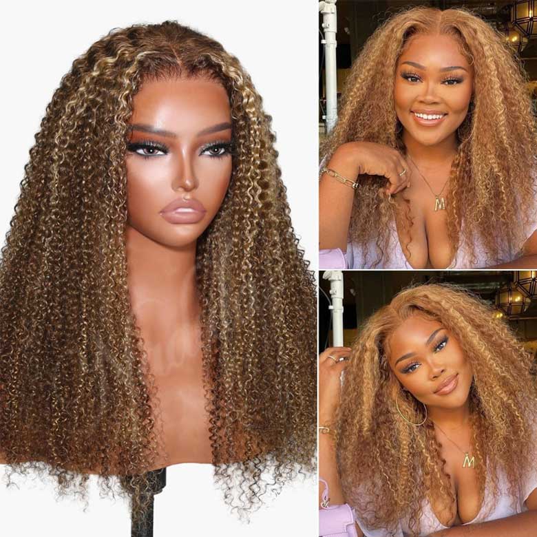 Klaiyi 7x5 Bye Bye Knots Honey Blonde Highlight Curly Wig Put On and Go Glueless Wig