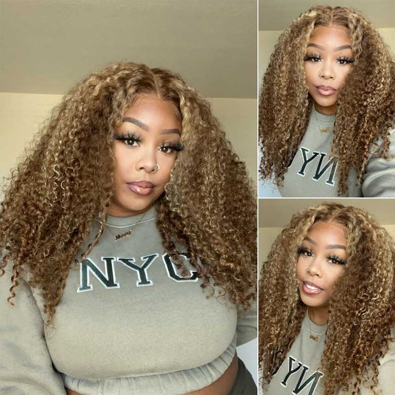 Klaiyi 7x5 Bye Bye Knots Honey Blonde Highlight Curly Wig Put On and Go Glueless Wig