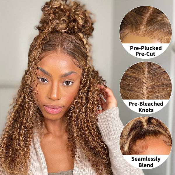 Klaiyi 7x5 Bye Bye Knots Honey Blonde Highlight Curly Wig Put On and Go Glueless Wig