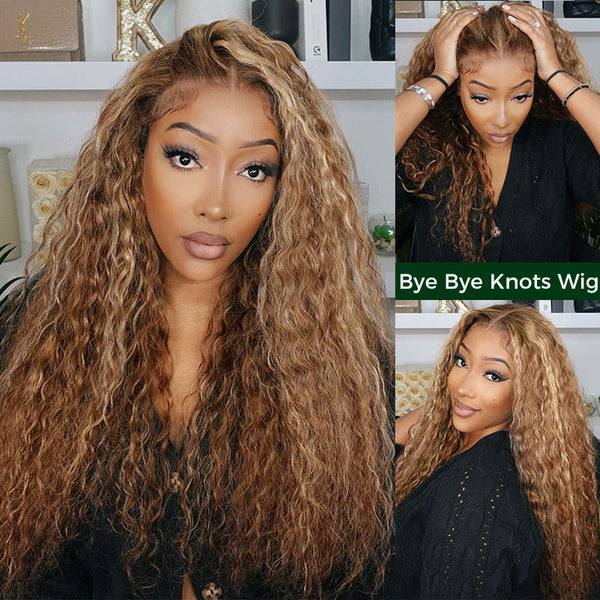 18"-24"| Honey Blonde Highlight Water Wave 7x5 Bye Bye Knots Wigs Flash Sale