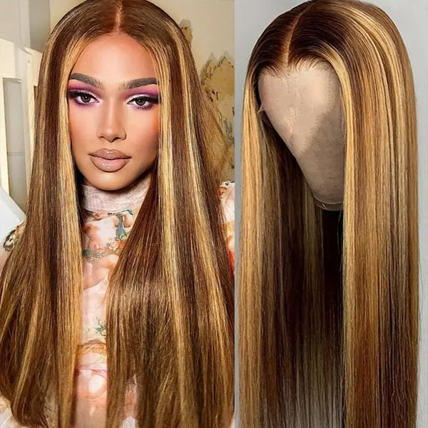 Klaiyi 7x5 Pre-cut Glueless Wig Put On and Go Honey Blonde Highlights Root Straight Bleach Knots Wig Human Hair Flash Sale