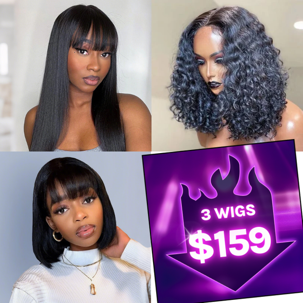 $159 Get 3 Wigs |  7x5 Bye Bye Knots Water Wave Bob Wig +13x4 Lace Front Straight Wig With Bangs + Glueless Bob Wig With Bangs Flash Sale