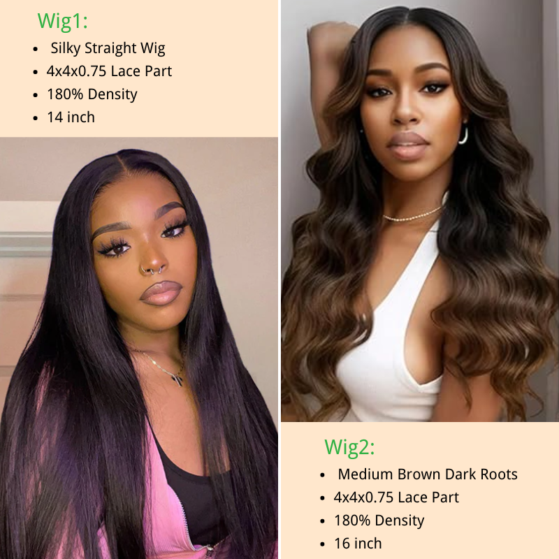 The 2nd Wig Only $7 |  Klaiyi Silky Straight Wig 4x4x0.75 Lace Part  180% Density And  Medium Brown Dark Roots 4x4x0.75 Lace Part Natural Wave Wig 180% Density Flash Sale