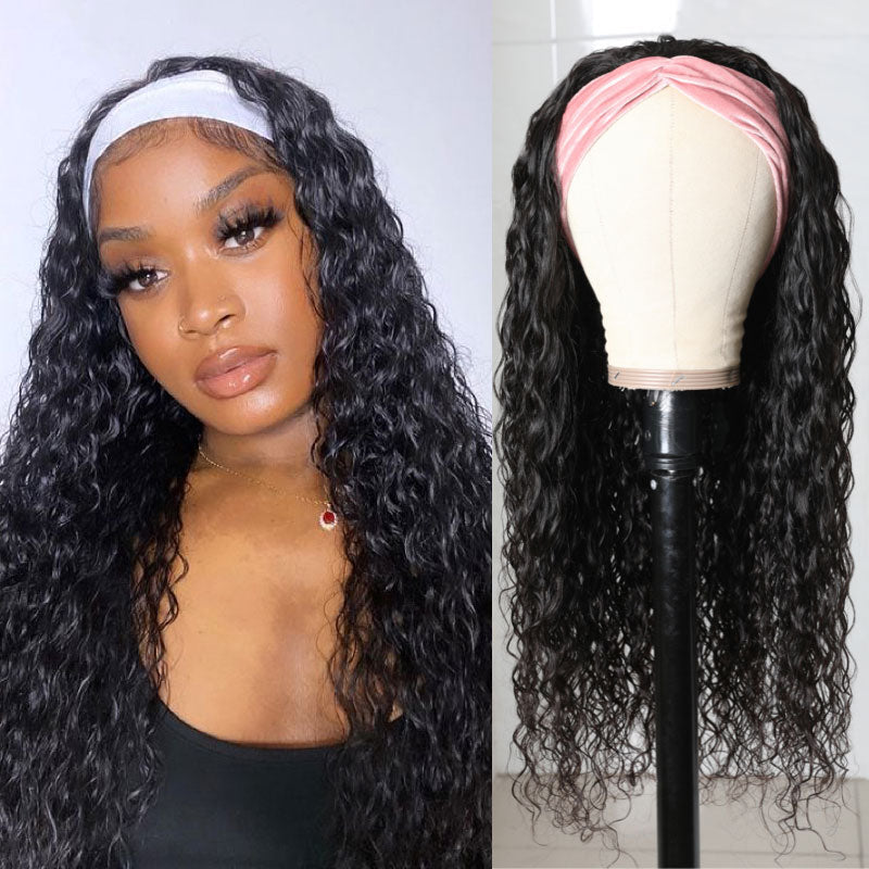 Jsaierl Headband Wig Human Hair Curly Headband Wig Glueless Lace Front Human Hair, Size: One size, Clear