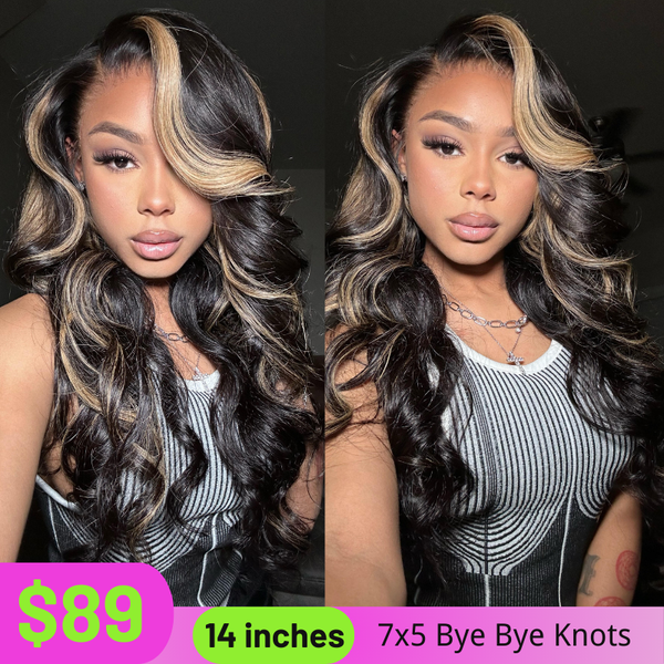 Klaiyi 7x5 Glueless Lace Put On and Go Pre-cut Lace  Natural Color With Peek A Boo Blonde Highlights Body Wave Wig Flash Sale