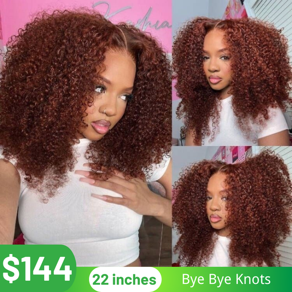 22"-24" Wig | Klaiyi Auburn Brown Color 13x4 Glueless Lace Frontal Wig Kinky Curly Human Hair Flash Sale