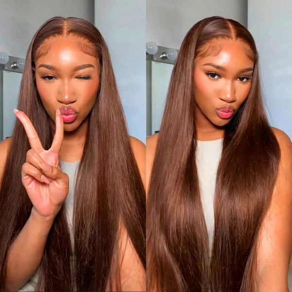 Klaiyi Chocolate Brown 13x4  Pre-Everything™ Lace Frontal Wig Straight Human Hair Glueless Wig