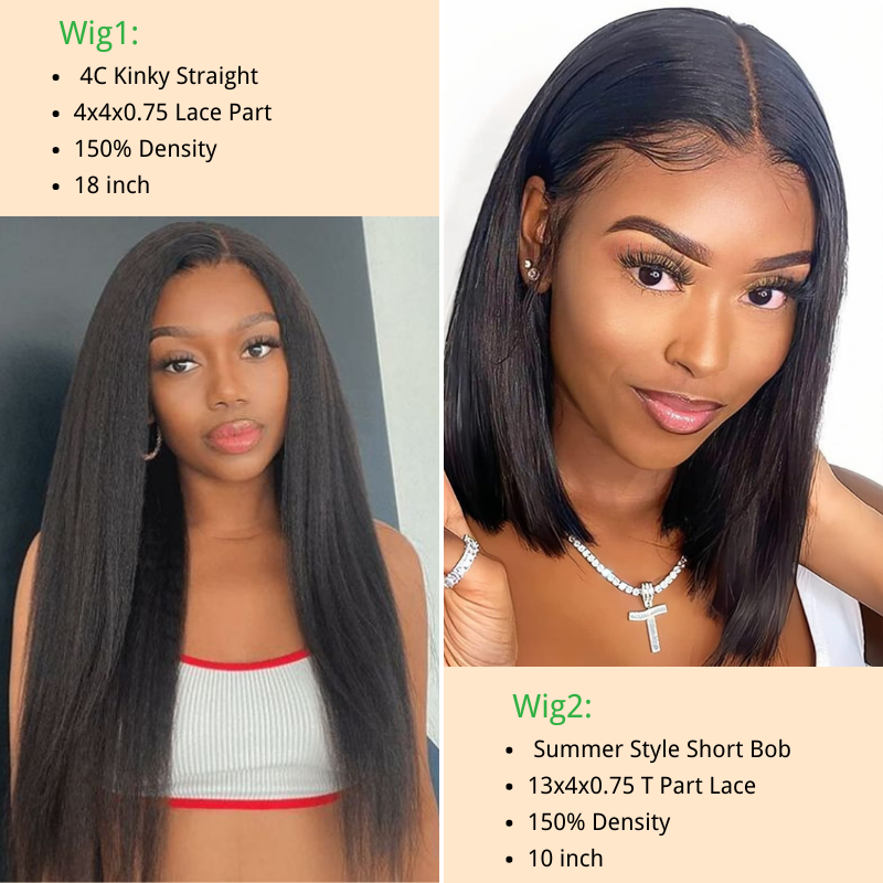 The 2nd Wig Only $7 |  Klaiyi 4C Kinky Straight 4x4x0.75 Lace Part  Wig  And  Summer Style Short Bob 13x4x0.75 T Part Lace Flash Sale