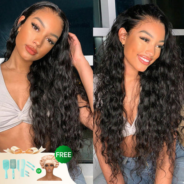 Flash Sale Klaiyi 7x5 Bye Bye Knots Pre-cut Lace Put On and Go Glueless Wig Water Wave Human Hair Wigs