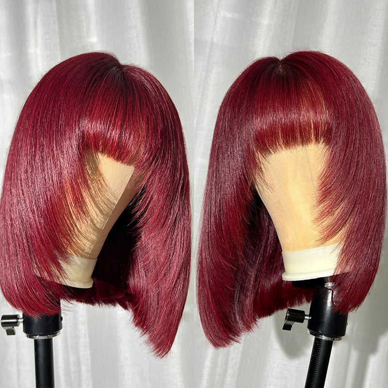 $179 Get 2 Wigs | 180% Density 7x5 Pre-Everything Kinky Straight Wig + 180% Density 13x4 Lace Front Wig Burgundy Bob Wig With Bangs With Layers Flash Sale