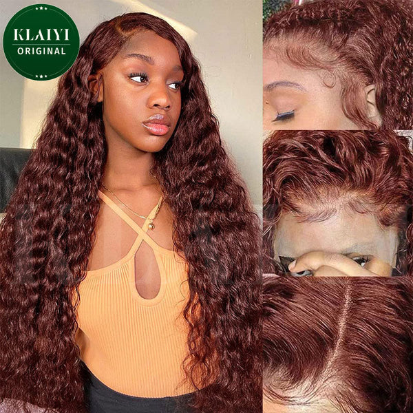 Klaiyi Pre-cut Lace Put On and Go Auburn Color Water Wave Reddish Brown Color Wigs Flash Sale