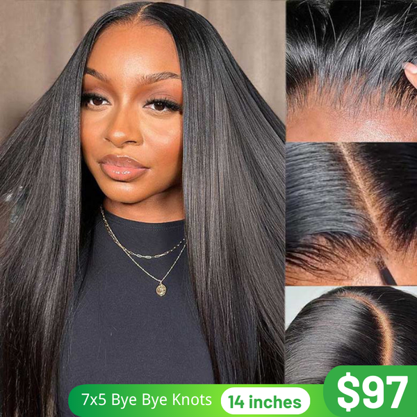 Klaiyi Natural Color Yaki Straight  7x5  Pre Everything Put On and Go Glueless Lace Wigs Flash Sale