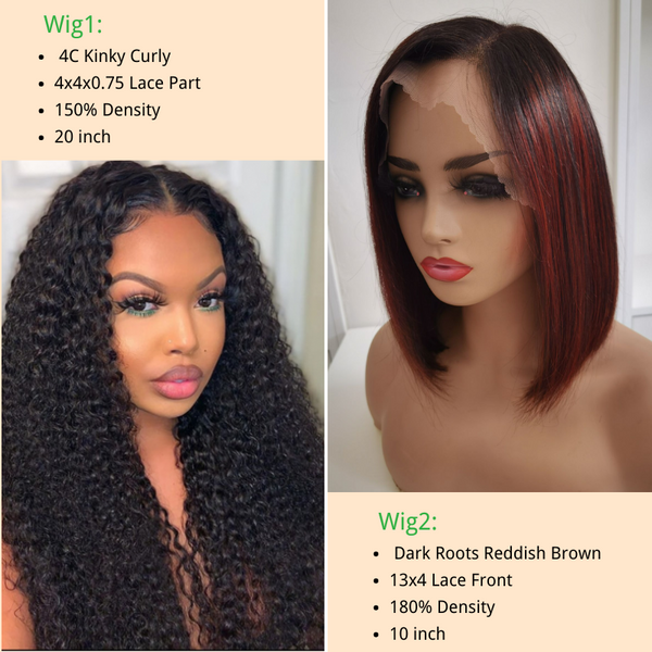 The 2nd Wig Only $7 |  Klaiyi  4C Kinky Curly 4x4x0.75 Lace Part Wig And Dark Roots Reddish Brown 13x4 Lace Front Wig 180% Density  Flash Sale