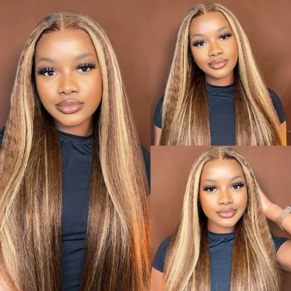 Klaiyi 180% Pre-Cut Honey Blonde Highlight Kinky Straight Lace Frontal Wig with Baby Hair Pre Plucked 100% Virgin Human Hair Flash Sale