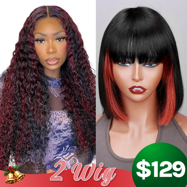 $129 Get 2 Wigs | Colored Highlight Straight Bob Wig With Bangs + Dark Burgundy With Rose Red Highlights Curly 180% Lace Front Wig Flash Sale