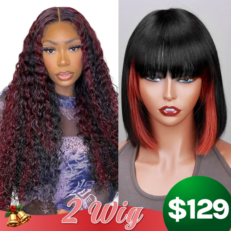 $129 Get 2 Wigs | Colored Highlight Straight Bob Wig With Bangs + Dark Burgundy With Rose Red Highlights Curly 180% Lace Front Wig Flash Sale