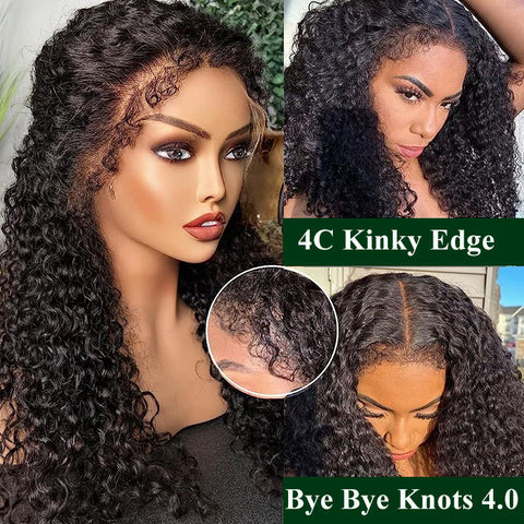 Klaiyi No Glue Pre-cut Pre-plucked Put On and Go Larger Lace Size Jerry Curly Lace Closure Wig Flash Sale