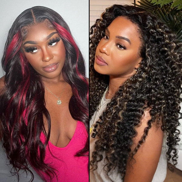 77% OFF| Klaiyi 13x4 Lace Frontal Wig 180% Density Ombre Balayage Blonde Highlights Curly /Ombre Highlight Dark Burgundy with Rose Red Loose Wave Flash Sale