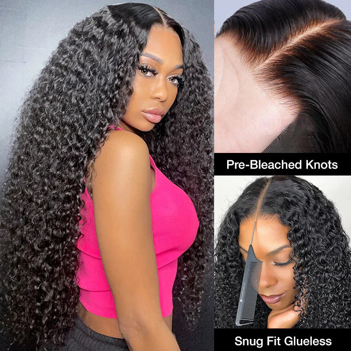 Klaiyi 7x5 Pre-Cut Lace Wig Bleach Knots Wigs Put On and Go Jerry Curly Human Hair Wig Beginner Wig