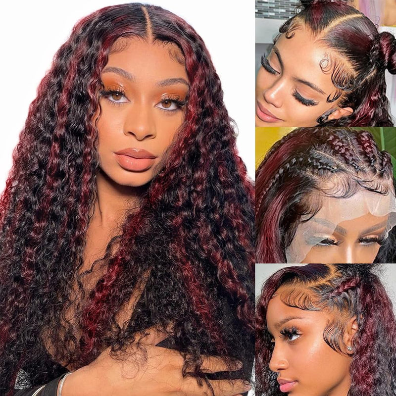 Klaiyi Dark Burgundy With Rose Red Highlights Curly 180% Lace Front Wig Ombre Human Hair Flash Sale