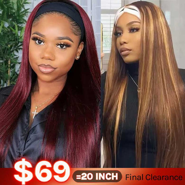 20''-22'' Wig|Klaiyi Dark Burgundy 99J Color Straight Headband Wigs Black Root Glueless Human Hair Wig Flash Sale