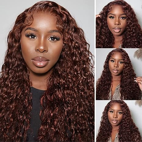 Klaiyi Pre-cut Lace Put On and Go Auburn Color Water Wave Reddish Brown Color Wigs Flash Sale