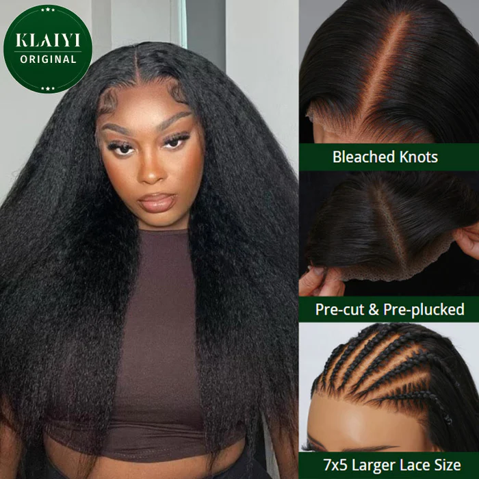 First Wig | Klaiyi Natural Kinky Straight 13x4 Lace Front / 7x5 Bye Bye Knots Wig Yaki Straight Flash Sale