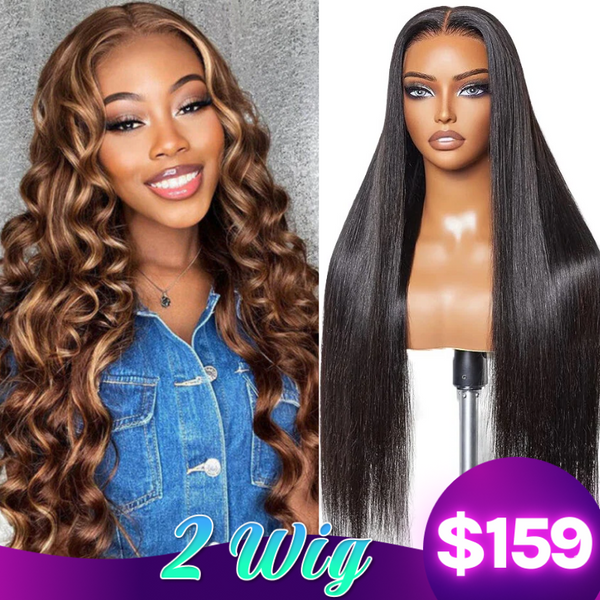 $159 Get 2 Wigs |  Honey Blonde Highlight Body Wave 7x5 Bleached Knots Wig + 180% Density Lace Part Straight Wig Flash Sale