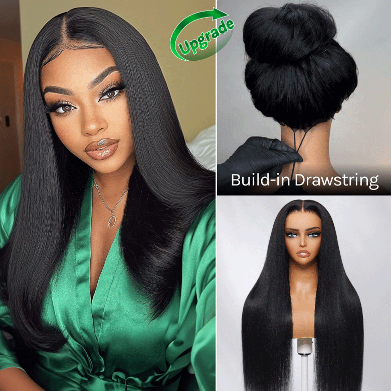 Klaiyi Yaki Straight Put On and Go Glueless Lace Wigs 7x5 Bye Bye Knots Pre-cut Human Hair Lace Wig Kinky Straight