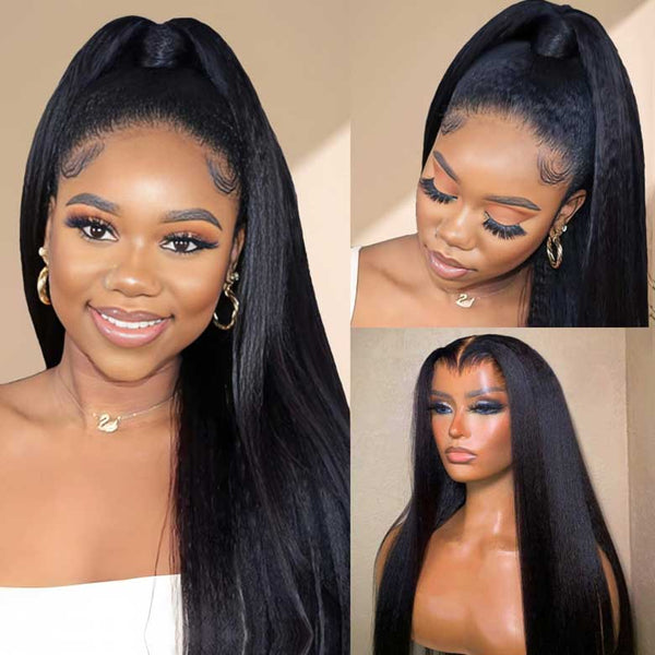 Klaiyi 13x4 Pre-Everything Yaki Straight Put On and Go Glueless Wig Real Ear to Ear Full Frontal Human Hair Silk Press Look Hair