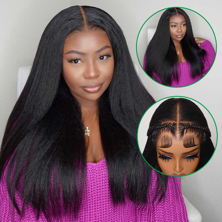 Klaiyi 13x4 Pre-Everything Yaki Straight Put On and Go Glueless Wig Real Ear to Ear Full Frontal Human Hair Silk Press Look Hair