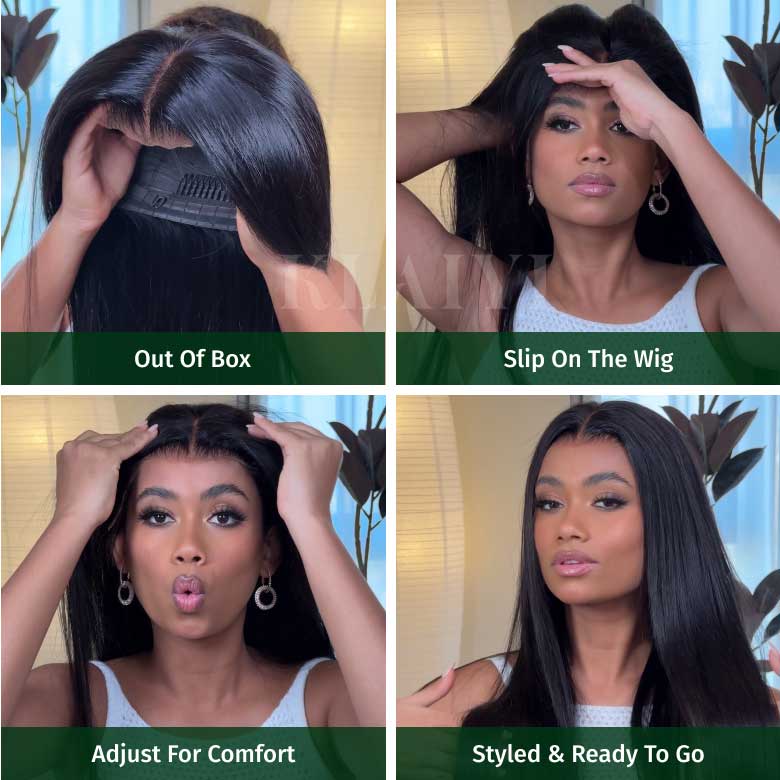 Klaiyi Pre-Cut Glueless Wig Straight Human Hair Beginner Wig Put On and Go