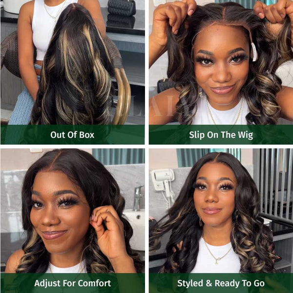Klaiyi 13x4 Pre everything Glueless Lace Wig Black With Blonde Highlights 3D Body Wave Human Hair