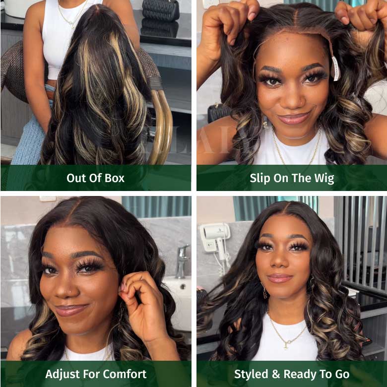 Extra 60% OFF | Klaiyi Natural Color With Peek A Boo Blonde Highlights 7x5 Glueless Lace Put On and Go Pre-cut Lace Body Wave Wig