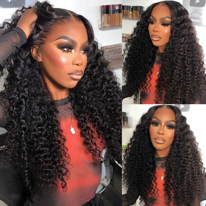 Klaiyi 13x4 Deep Wave Pre-Everything™ Lace Frontal Wig Put On and Go Ear to Ear Lace Front Wigs with Pre Plucked Hairline