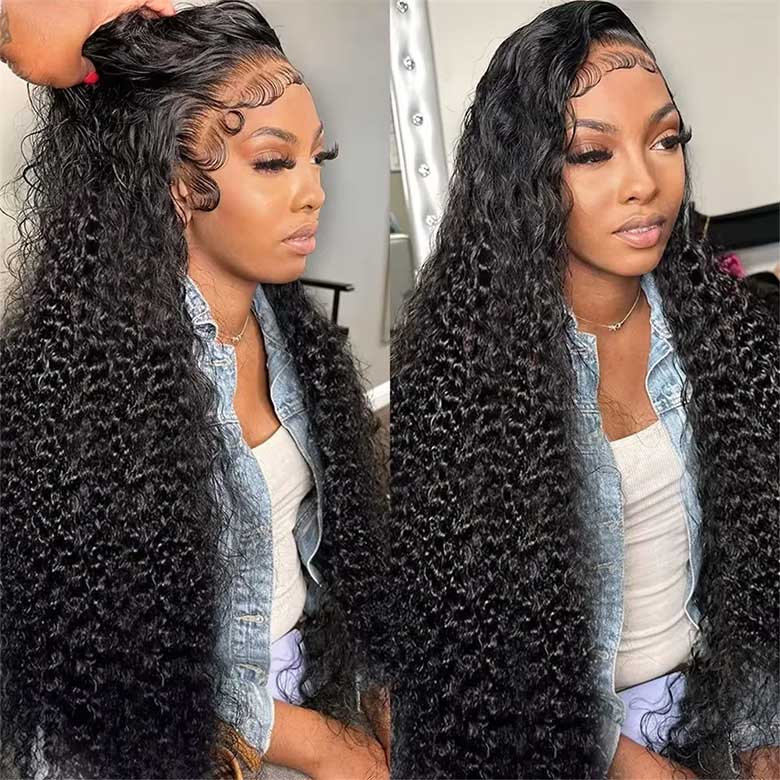 Klaiyi 13x4 Deep Wave Pre-Everything™ Lace Frontal Wig Put On and Go Ear to Ear Lace Front Wigs with Pre Plucked Hairline