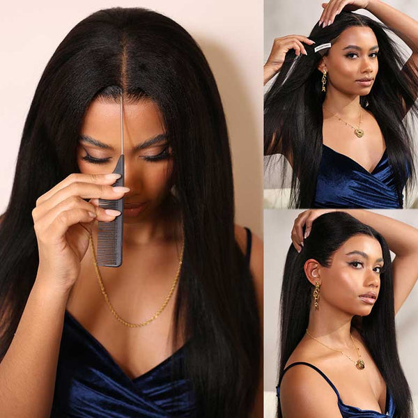 Klaiyi 13x4 Pre-Everything Yaki Straight Put On and Go Glueless Wig Real Ear to Ear Full Frontal Human Hair Silk Press Look Hair