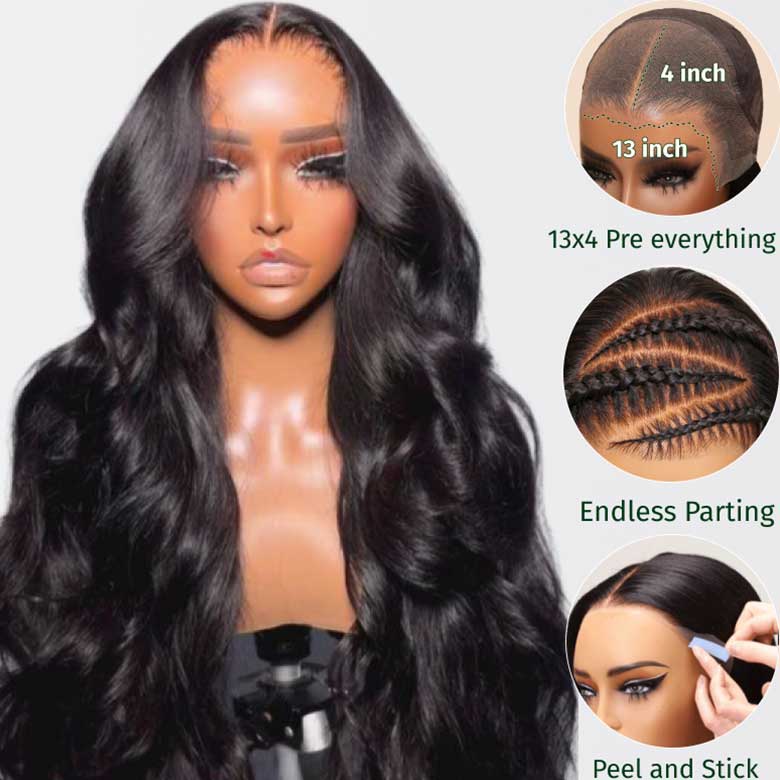 Klaiyi Body Wave No Glue Wigs 13x4 Invisible Transparent Lace Front Human Hair Wigs Pre-everything Wig