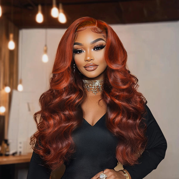 Klaiyi Red Orange Highlights Wig with Face Framing Layers 7x5 Bye-Bye Knots Loose Wave Wig Human Hair