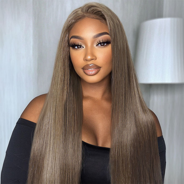 Klaiyi Hair Milk Tea Brunette Sliky Straight 13x4 Pre everything Wig Ash Brown Color Human Hair Wig