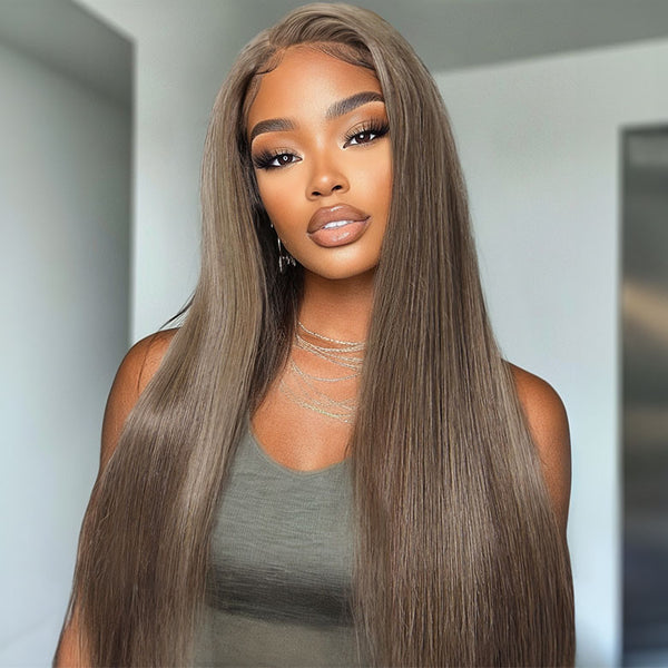 Klaiyi Hair Milk Tea Brunette Sliky Straight 13x4 Pre everything Wig Ash Brown Color Human Hair Wig