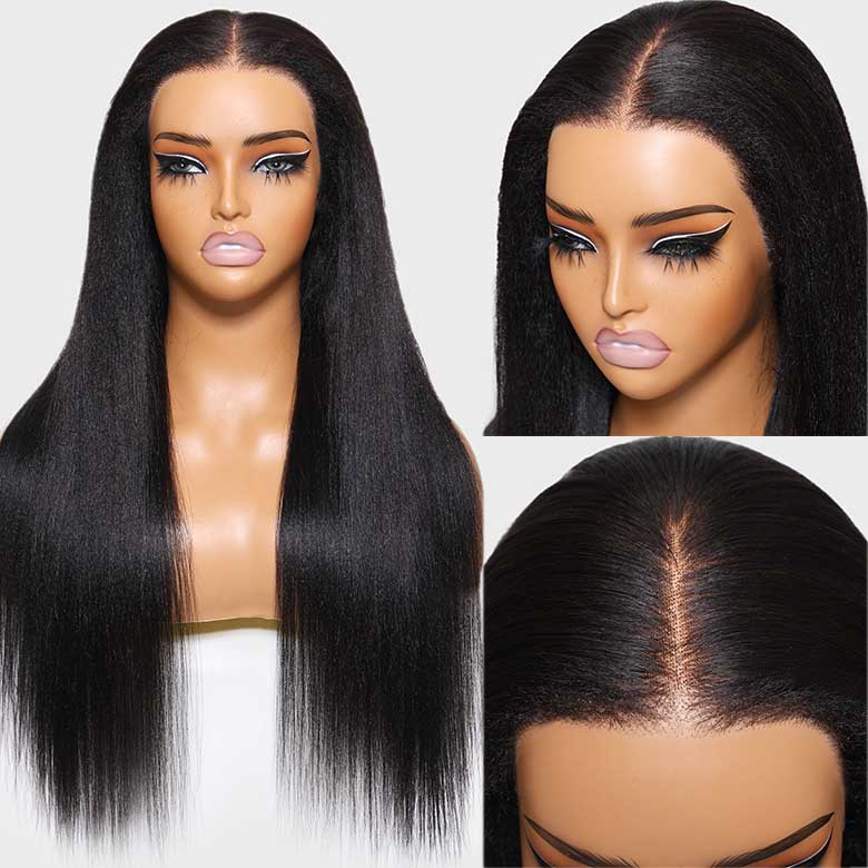 Klaiyi 13x6 Yaki Straight Pre Everything Wig with 4C Kinky Edges Put on & Go Glueless Wig Larger Lace