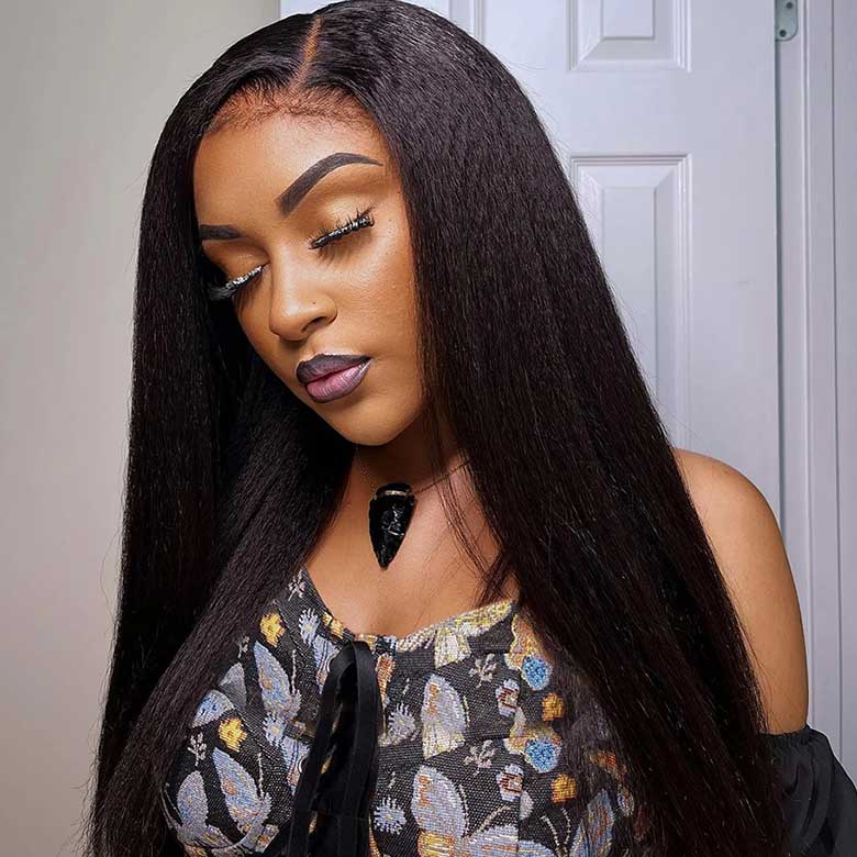 Klaiyi 13x6 Yaki Straight Pre Everything Wig with 4C Kinky Edges Put on & Go Glueless Wig Larger Lace