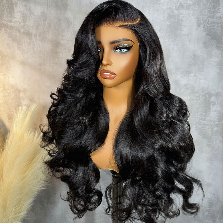 Klaiyi Hair HD Real Scalp™ Wig 13x4 Invisible Lace Frontal Body Wave Wig Natural Black Color