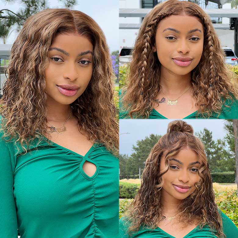 Klaiyi 80% Off Super Sale Honey Blonde Highlight Water Wave Bob Wig 7x5 Bye Bye Knots Put On and Go Wigs Flash Sale