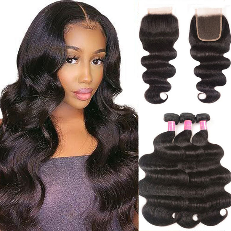 Klaiyi Hair Body Wave Virgin Human Hair 3 Bundles with 4x4 Lace Closure Pre Plucked