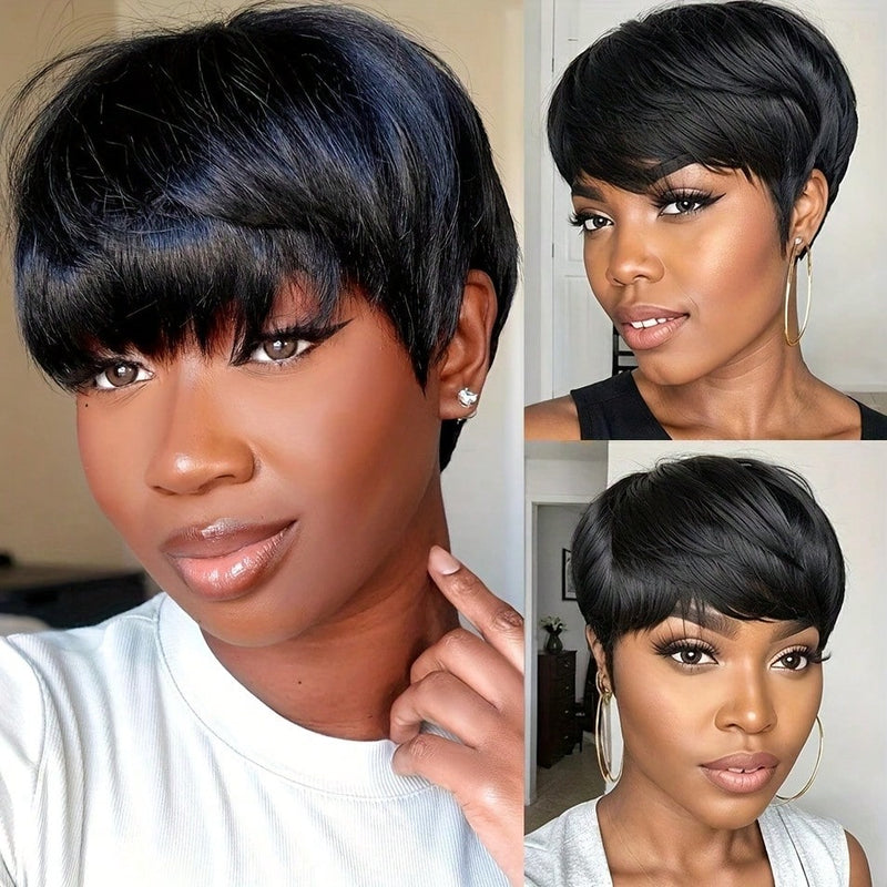 Klaiyi Short Bob Wigs with Bang Pixie Cut Human Hair Wig Machine Made Natural Black Color Glueless Human Hair Wig Flash Sale