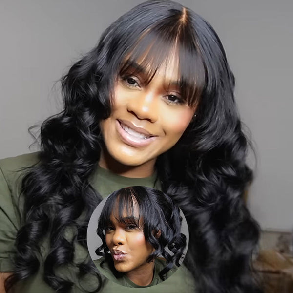 Klaiyi 13x4 3D Fluffy Body Wave Lace Frontal Wig with Curtain Bangs & Layers Pre everything Put on and Go Human Hair Wigs