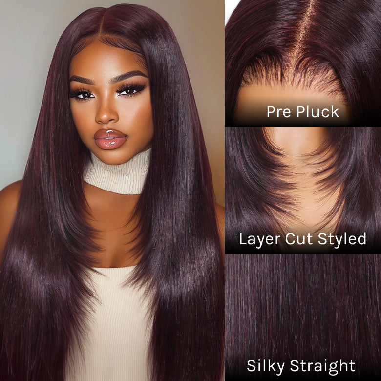 Klaiyi Black Cherry Layered Cut Straight 13x4 Pre-Everything Lace Frontal Wig Put on and Go Wig